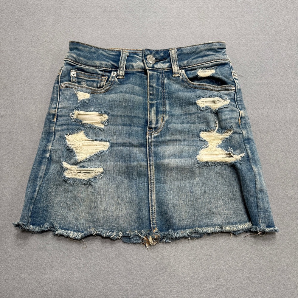 American Eagle Mini Skirt Women's 0 Blue Distressed Stretch Cut Off Y2K Style